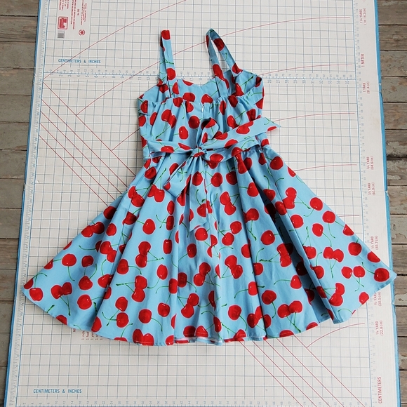Tribal Rhythm Cherry Retro Dress Women's Medium ? Rockabilly Skater Blue Red - Picture 5 of 13